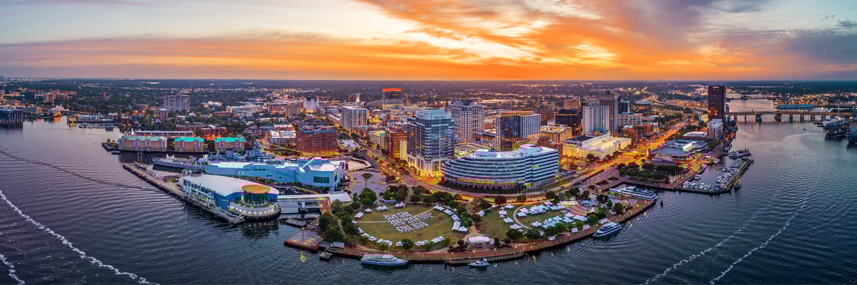 Norfolk Virginia skyline at sunset