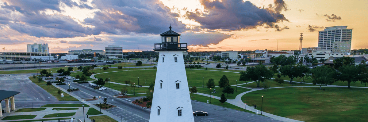 lighthouse overlooking Gulfport, Mississippi at sunset