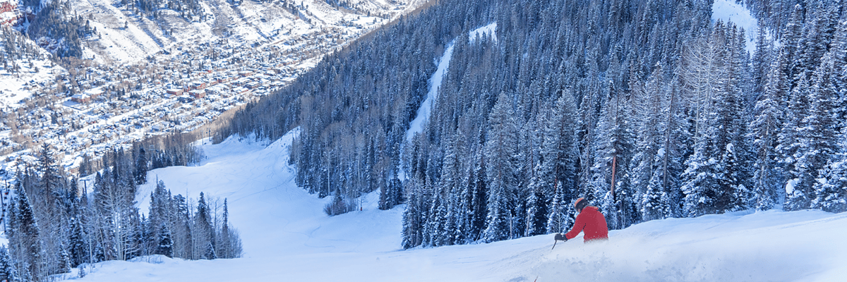 A skier on a steep slope surrounded by trees with a town below near Montrose, Colorado