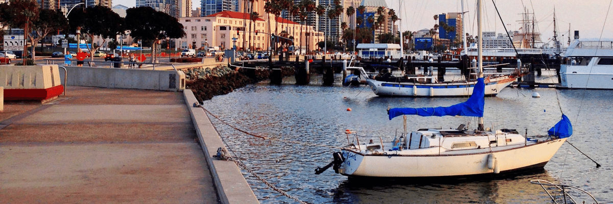 A marina with a few boats and a skyline in the background in san diego california