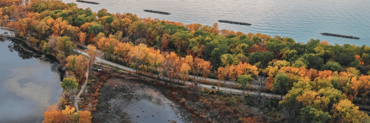 Colorful autumn trees on the coast of Lake Erie in Pennsylvania