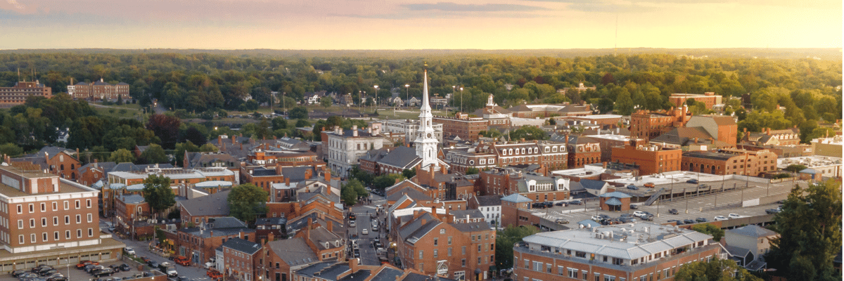 Brick buildings and a church steeple in Portsmouth, New Hampshire