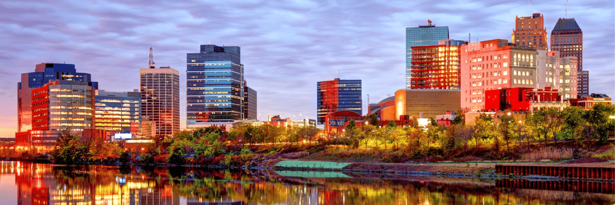 The Newark, New Jersey skyline lit up at night