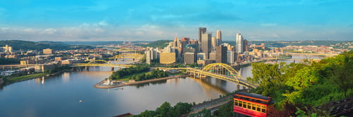 Pittsburgh skyline in Pennsylvania, viewed from an elevated vantage point