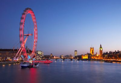View down the Thames River at night