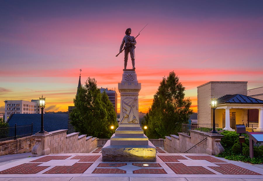 Memorial statue at sunset in downtown Lynchburg, Virginia.