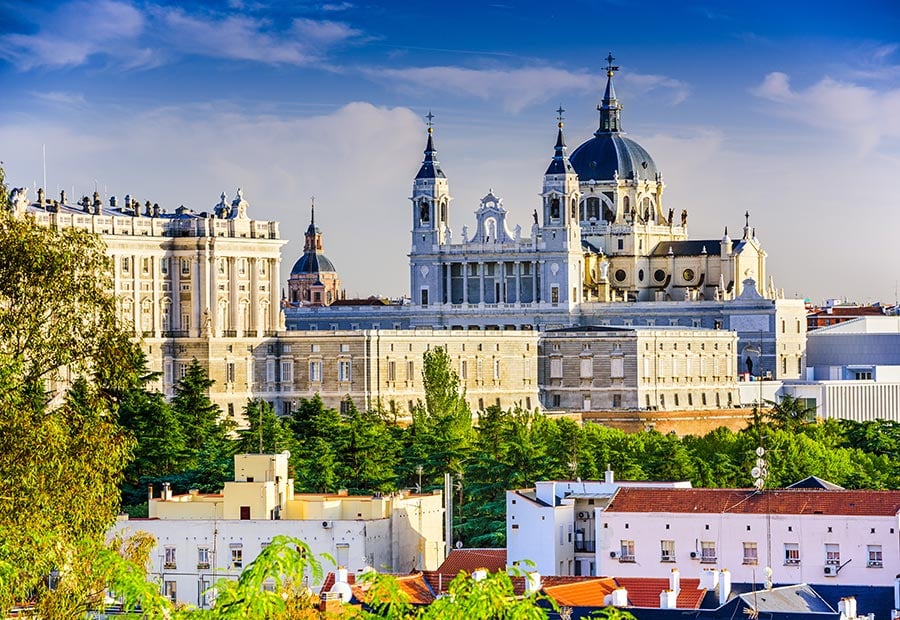 Almudena Cathedral and the Royal Palace in Madrid, Spain.