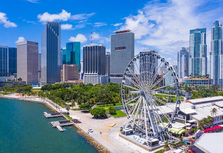 Bayside waterfront and downtown Miami skyline with a Ferris wheel.