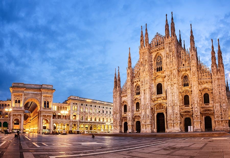 Milan Cathedral and Galleria Vittorio Emanuele II in Piazza del Duomo.