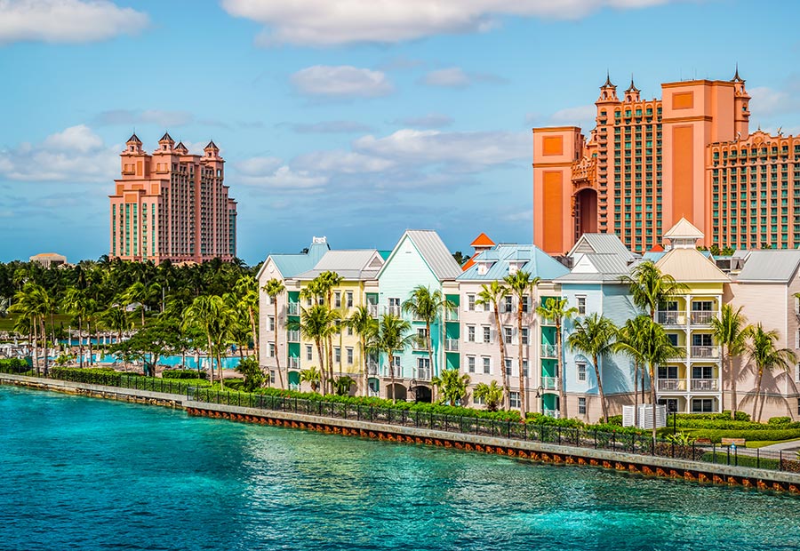 Resort hotels and waterfront condominiums along the shoreline in Nassau, Bahamas.