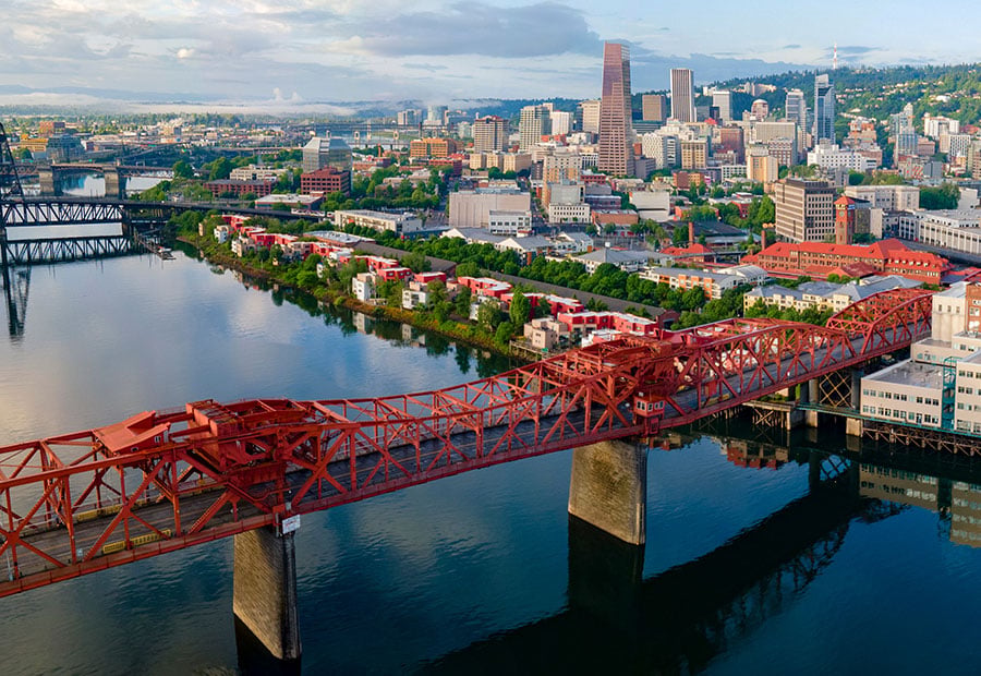 Portland skyline and bridges spanning the Willamette River.