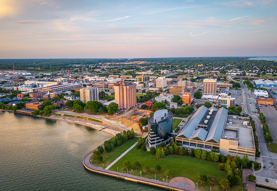 Newport News waterfront and downtown skyline along the James River.
