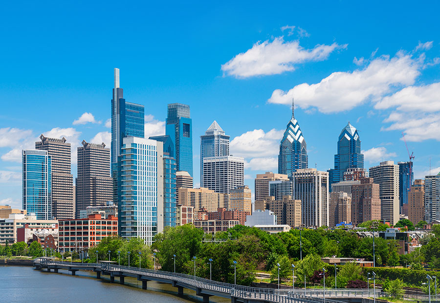Philadelphia skyline viewed from the Schuylkill River waterfront.