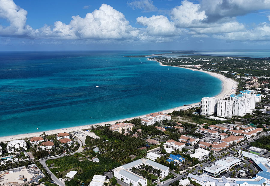 View of beach resorts in Providenciales, Turks and Caicos.