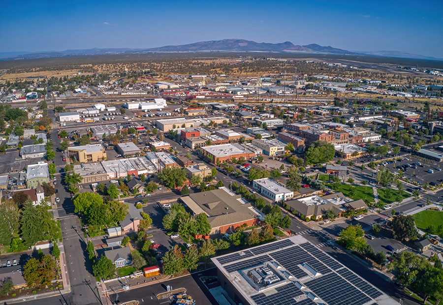 Downtown Redmond with Cascade Mountains in the background.