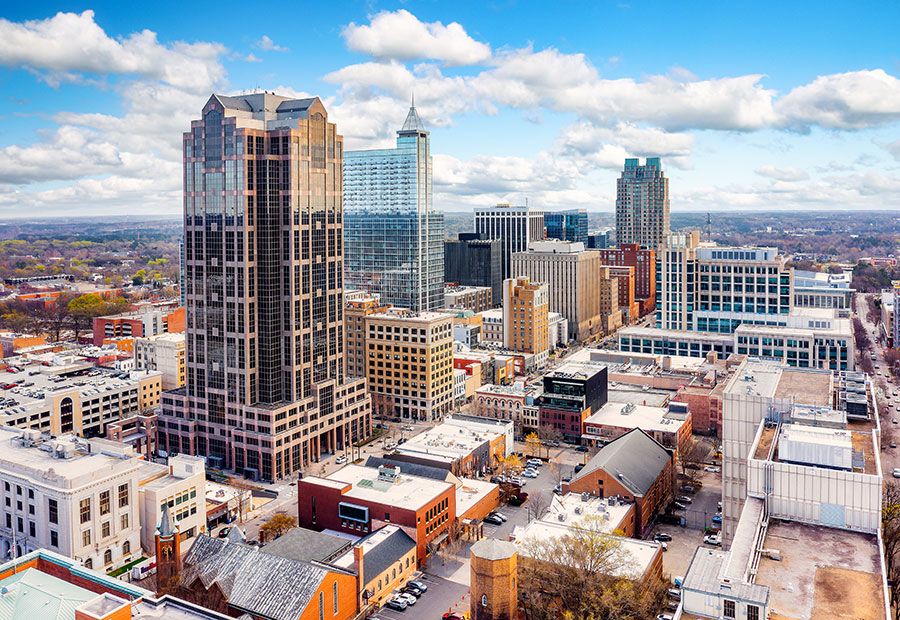 Downtown Raleigh skyline at sunset.