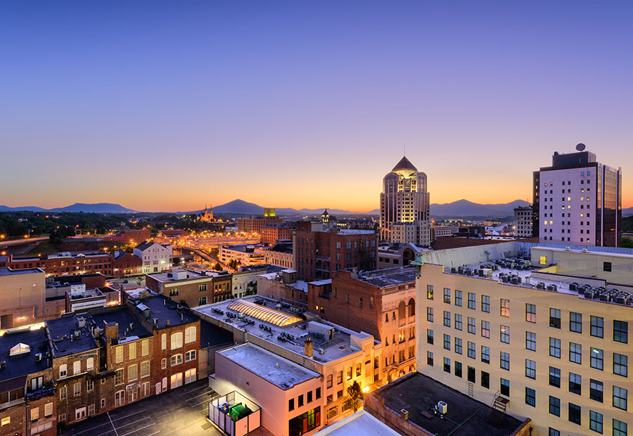 Downtown Roanoke with the Blue Ridge Mountains in the background.