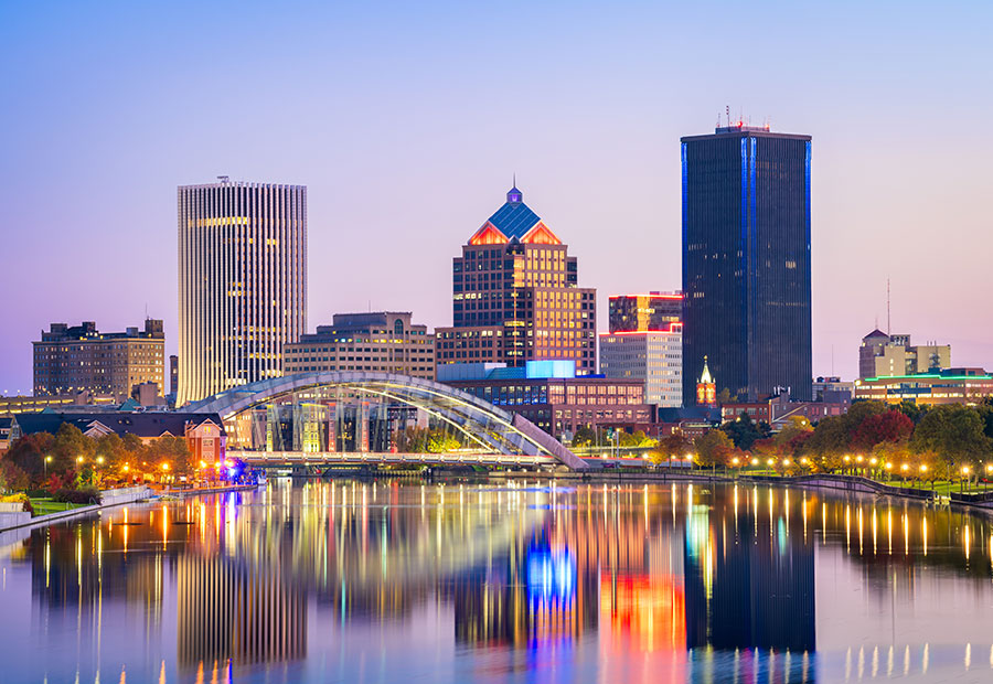Downtown Rochester skyline at sunset.