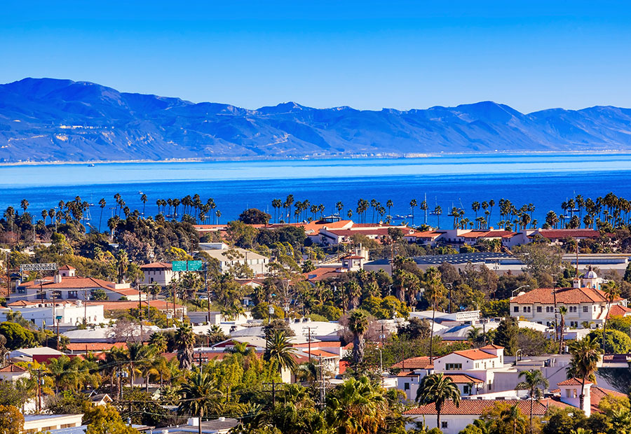 Santa Barbara coastline with the Santa Ynez Mountains in the background.