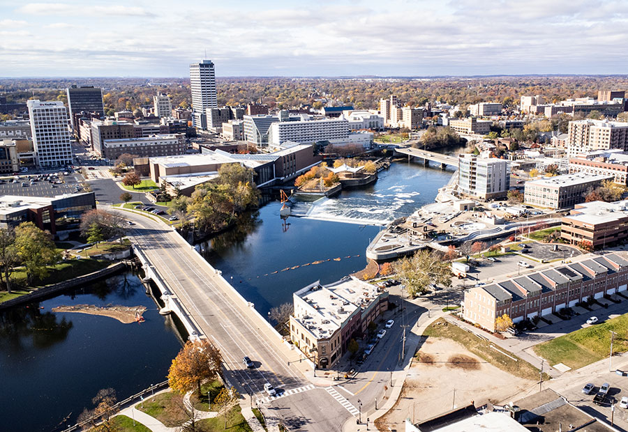 Downtown South Bend along the St. Joseph River.