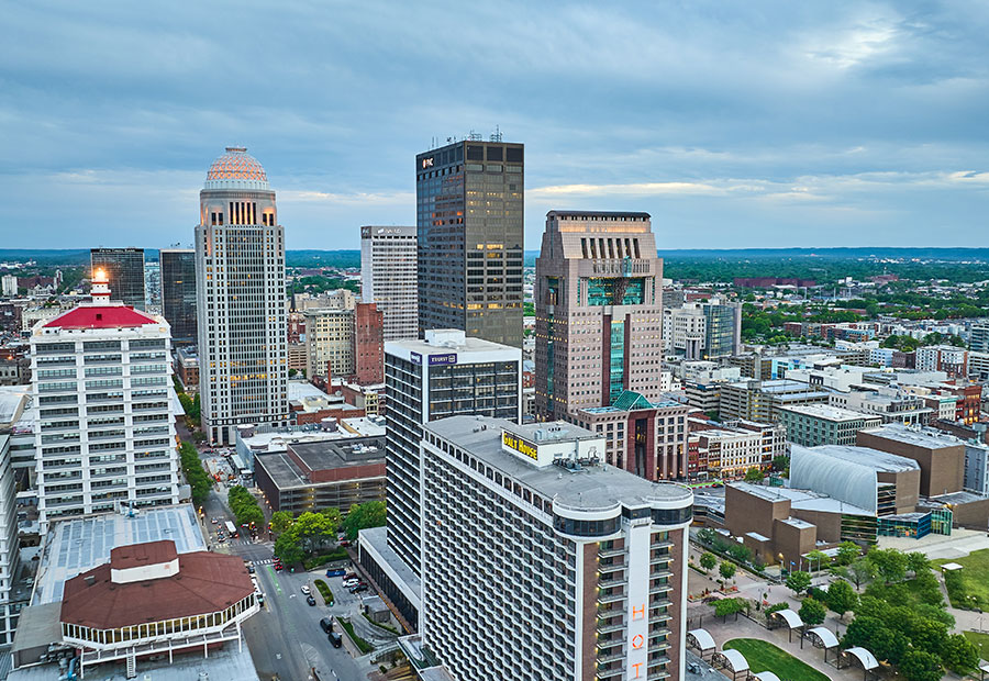 Downtown Louisville skyline at dusk.