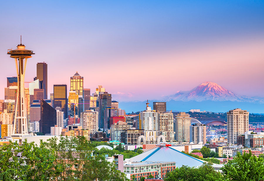 Seattle skyline with the Space Needle and Mount Rainier.