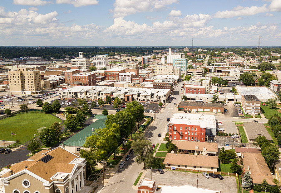 Downtown Springfield skyline under a partly cloudy sky.