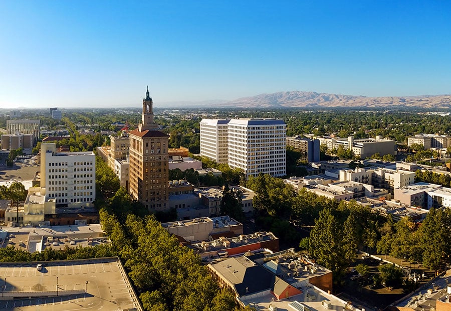Downtown San Jose with the Diablo Range in the background.