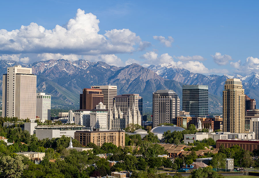 Salt Lake City skyline with the Wasatch Mountains.