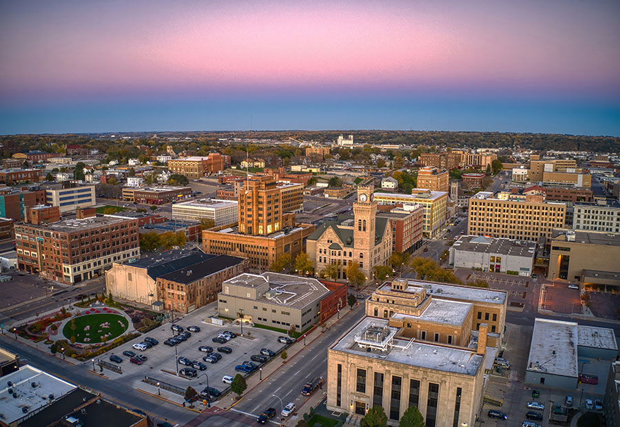 Downtown Sioux City at dusk.