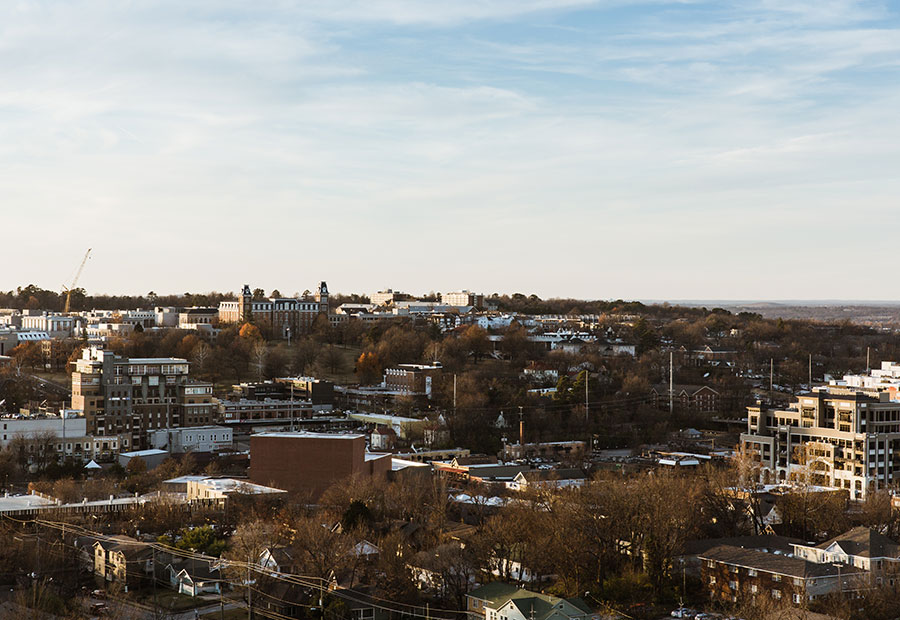 Downtown Bentonville with Crystal Bridges area in the distance.