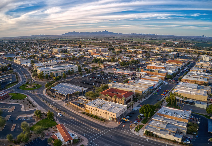 Downtown Yuma with desert mountains in the distance.