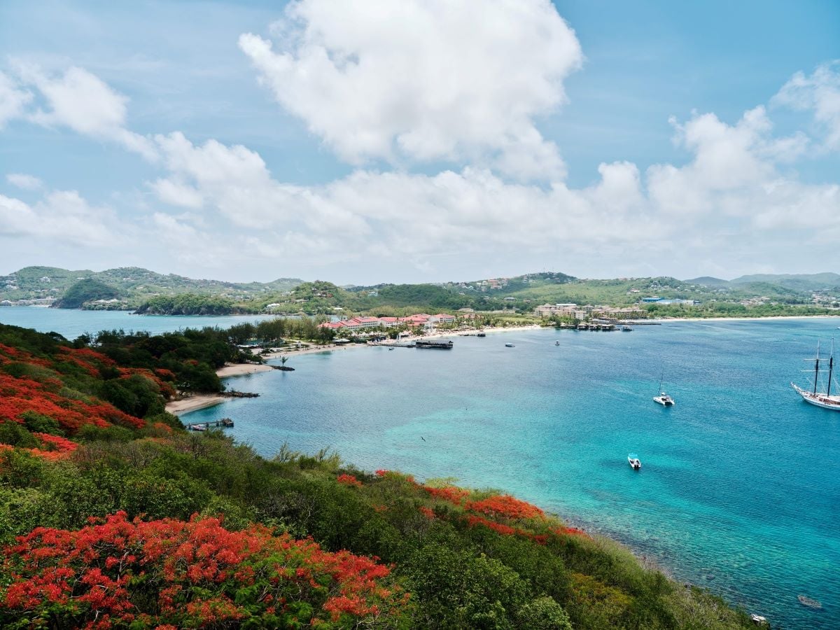 Tropical island coastline with clear blue water