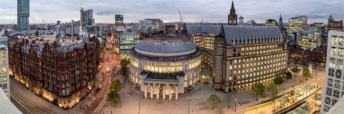 Manchester city centre, England, at the Manchester Central Library and the Town Hall Extension