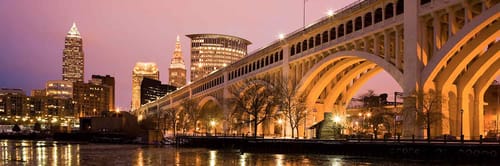 Veterans Memorial Bridge, at dusk in Cleveland, Ohio
