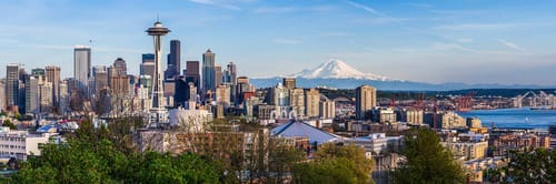 Skyline of Seattle, Washington, featuring the Space Needle and Mount Rainer