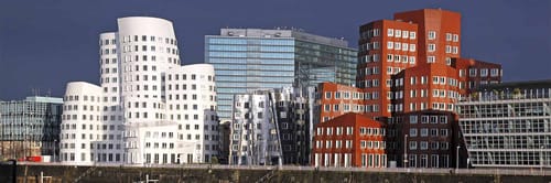 Neuer Zollhof, also known as the Gehry Buildings, in the MedienHafen (Media Harbour) of Düsseldorf, Germany.