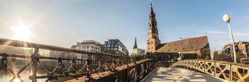 View of St. Catherine's Church from opposite side of a bridge in Hamburg Germany