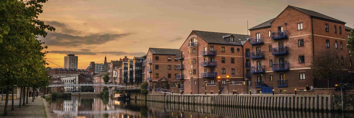 Leeds Dock in Leeds, UK at dusk