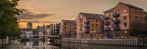 Leeds Dock in Leeds, UK at dusk