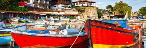 Boats tied up in the ancient city of Nessebar in Bulgaria