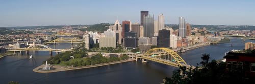 Pittsburgh skyline in Pennsylvania, viewed from an elevated vantage point