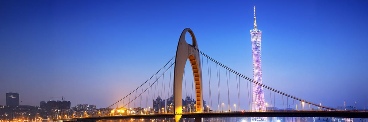 Modern Guangzhou skyline with the iconic Canton Tower along the Pearl River