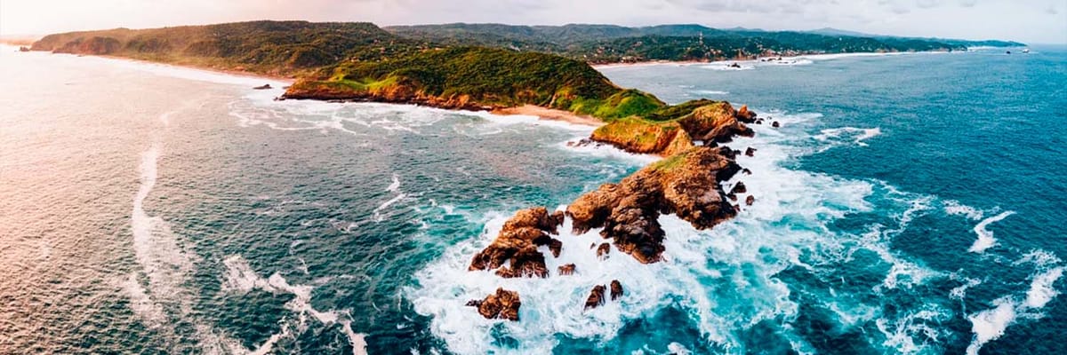 Aerial view of beach and shoreline in Huatulco
