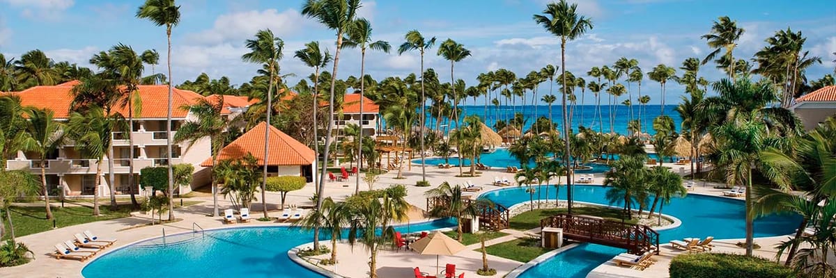 Aerial view of resort, pools, and ocean at Dreams Palm Beach Punta Cana