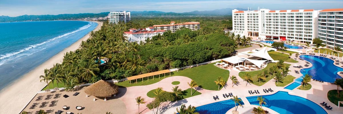 Distant aerial view of resort, pools, and ocean at Dreams Villamagna Nuevo Vallarta