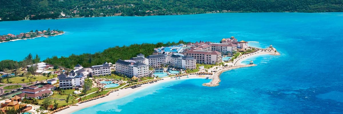 Distant oceanfront aerial view of Secrets St James Montego Bay