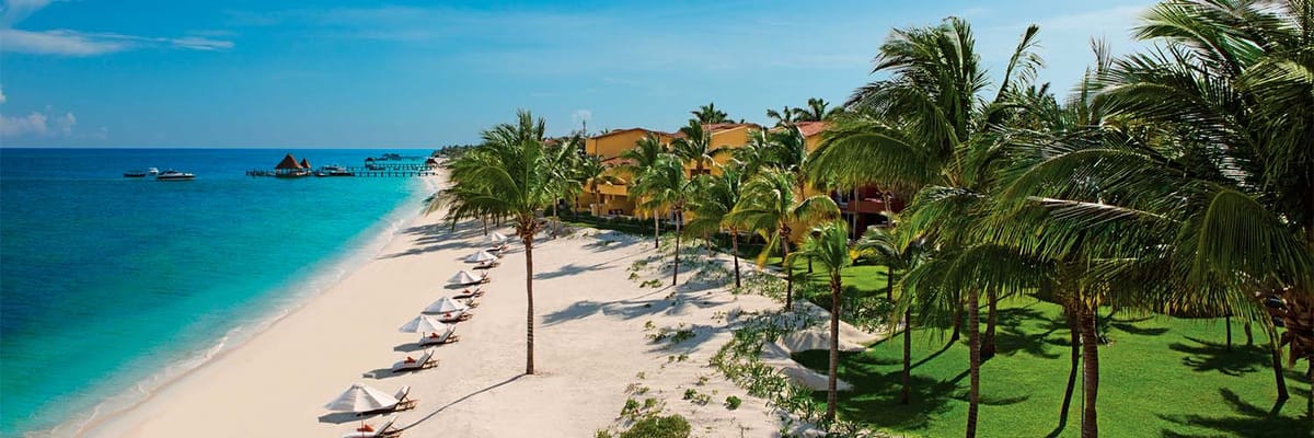 Aerial view of the resort exterior, main pool and beach area at Zoëtry Paraiso de la Bonita Riviera Maya
