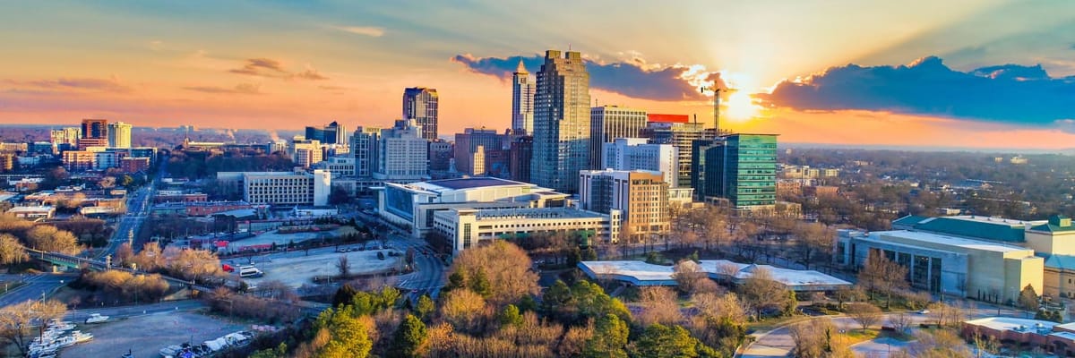 skyline of Raleigh, North Carolina at sunset