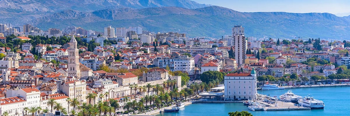 View of the city skyline in Split with parts of the harbour and mountain view